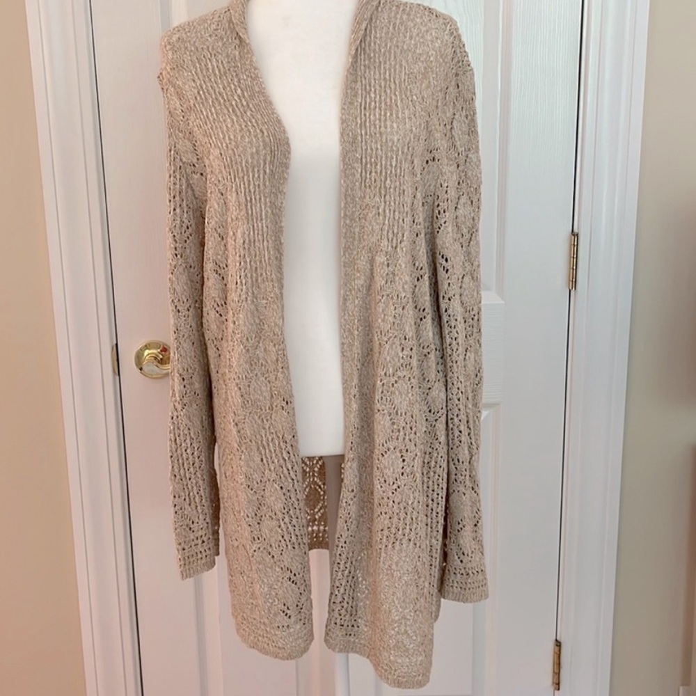 J Jill crochet light weight sweater with a hood in tan color